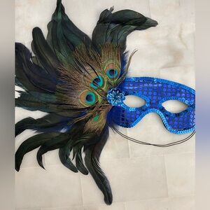 Blue Sequin Masquerade Mask with Peacock Feathers